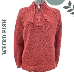 Weird Fish 1/4 Zip Pullover | Coral Red Textured Cotton | Size 12uk| Floral Trim